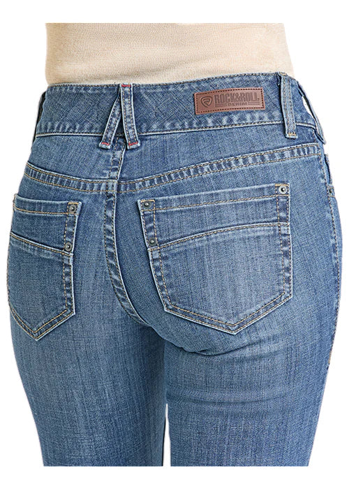 ROCK AND ROLL DENIM LADIES YOKE DETAIL HIGH RISE BOOTCUT JEANS - MEDIUM WASH