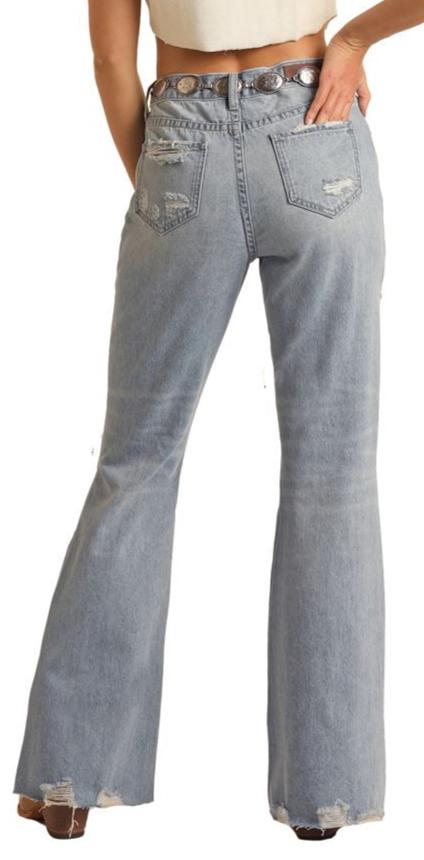 ROCK & ROLL LADIES HIGHRISE RELAXED DISTRESSED FLARE JEANS