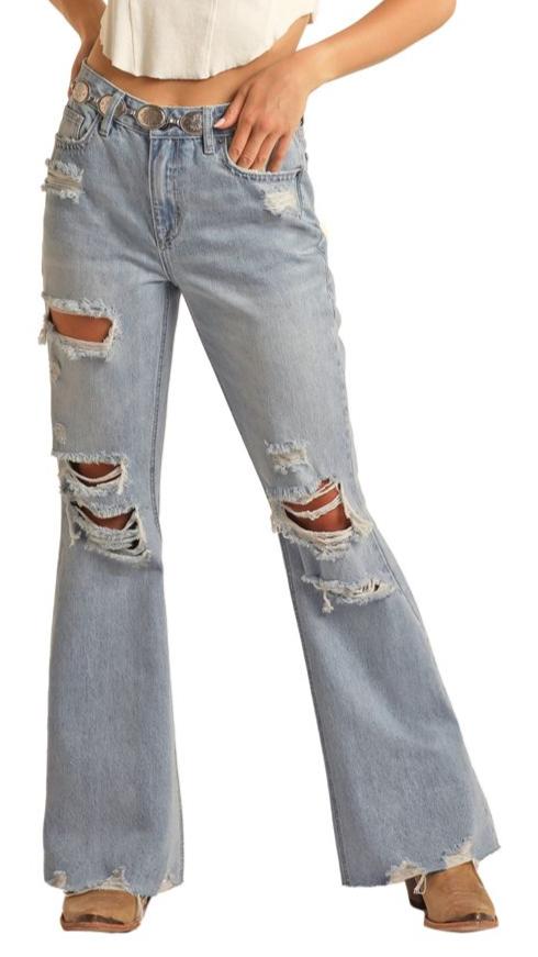 ROCK & ROLL LADIES HIGHRISE RELAXED DISTRESSED FLARE JEANS