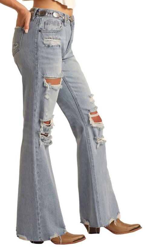 ROCK & ROLL LADIES HIGHRISE RELAXED DISTRESSED FLARE JEANS