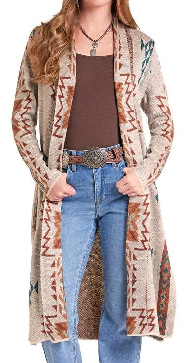 ROCK AND ROLL LADIES' AZTEC KNIT DUSTER in CREAM