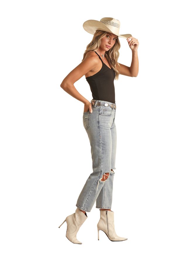 ROCK & ROLL DENIM LADIES HIGH RISE CROPPED LIGHT WASH JEANS