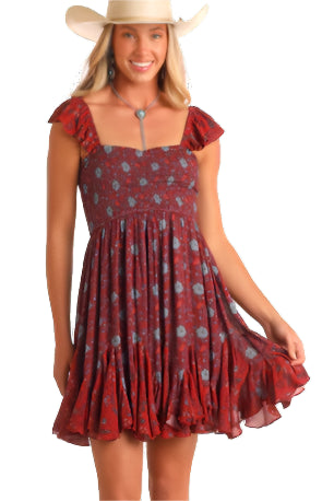 PANHANDLE SLIM BURGUNDY FLORAL GODET MINI DRESS