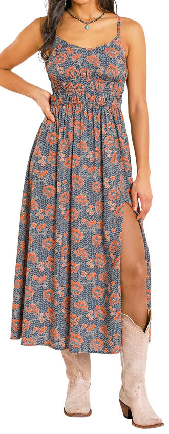 ROCK AND ROLL DENIM NAVY FLORAL PRINT MIDI DRESS
