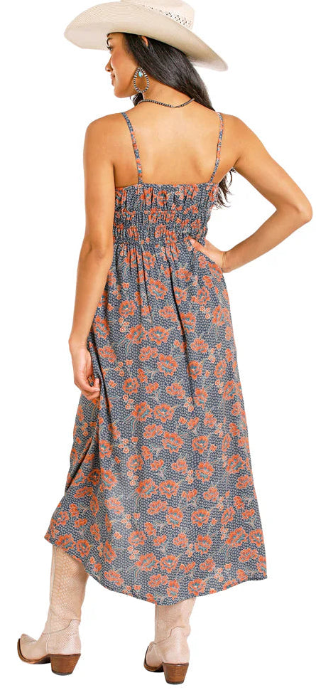 ROCK AND ROLL DENIM NAVY FLORAL PRINT MIDI DRESS