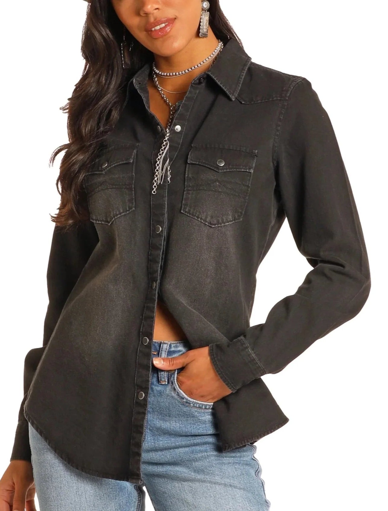 ROCK & ROLL WOMEN'S BLACK DENIM LONG SLEEVE SNAP SHIRT