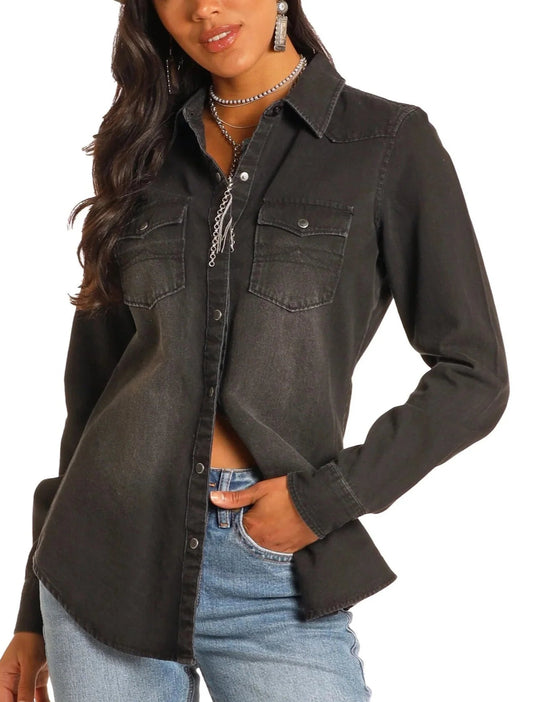 ROCK & ROLL WOMEN'S BLACK DENIM LONG SLEEVE SNAP SHIRT