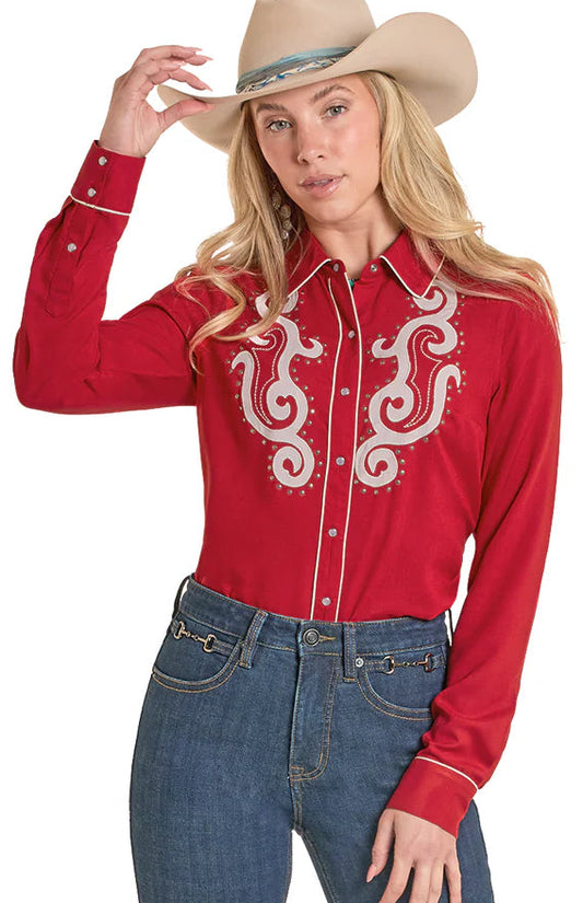 ROCK AND ROLL WOMEN'S STUDDED RETRO SNAP SHIRT - RED