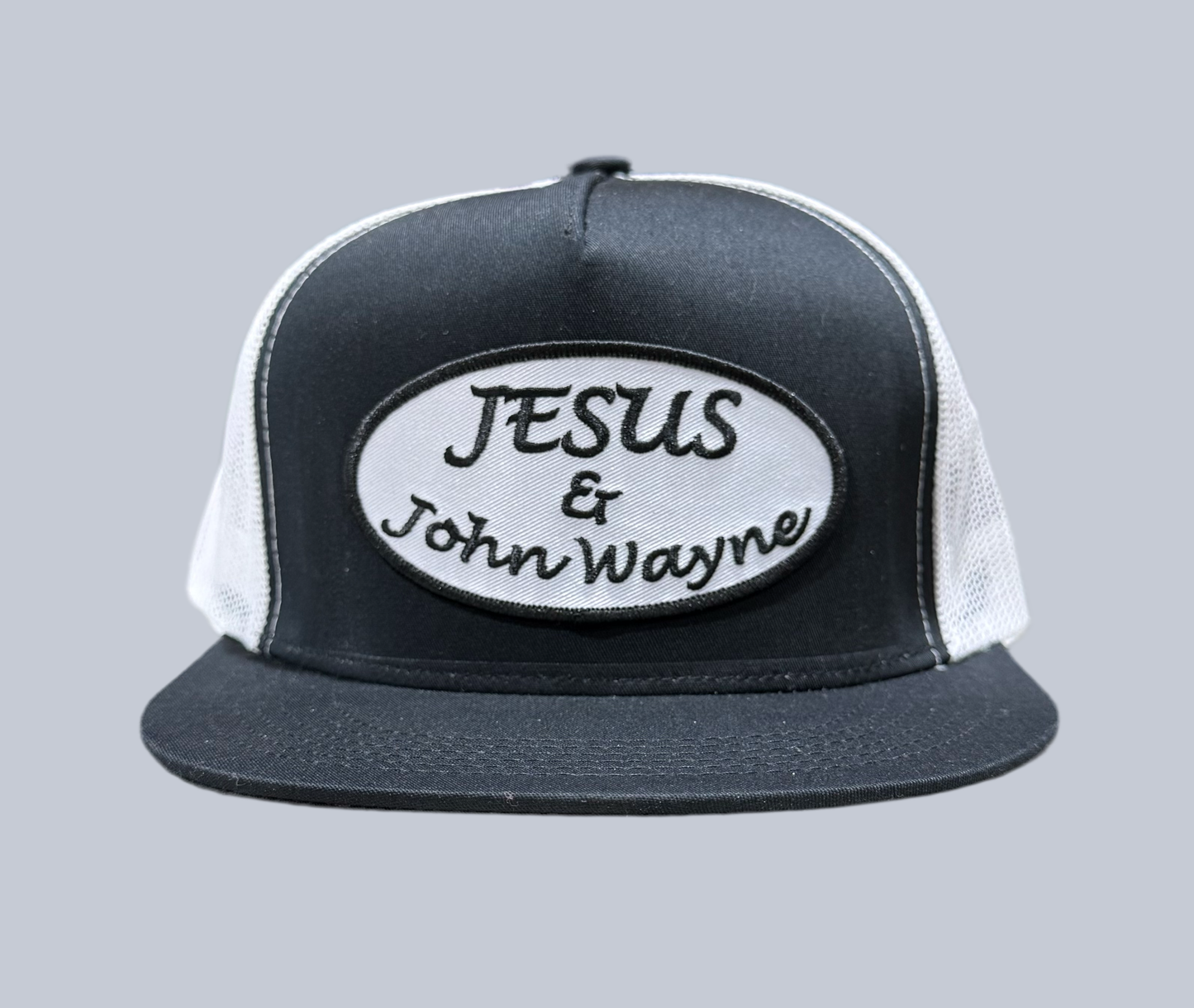 "JESUS & JOHN WAYNE" PATCH CAP in BLACK w/WHITE MESH SNAPBACK