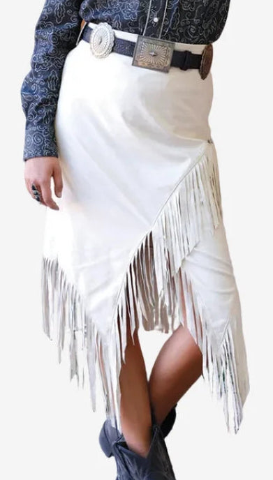 CRUEL GIRL WOMEN'S FAUX SUEDE FRINGE MIDI SKIRT in BLACK or CREAM