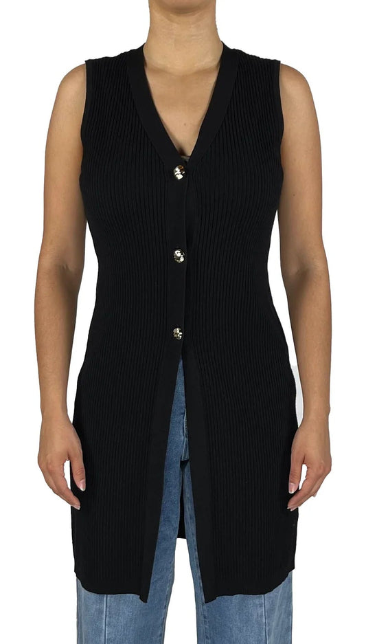 LONG 3 BUTTON KNIT VEST in BLACK