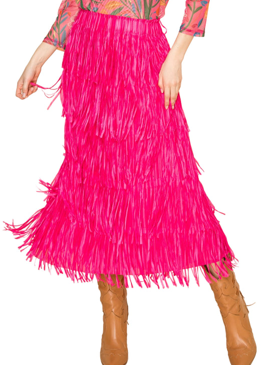 W.A.Y. POLY FRINGE CHACHA SKIRT in HOT PINK