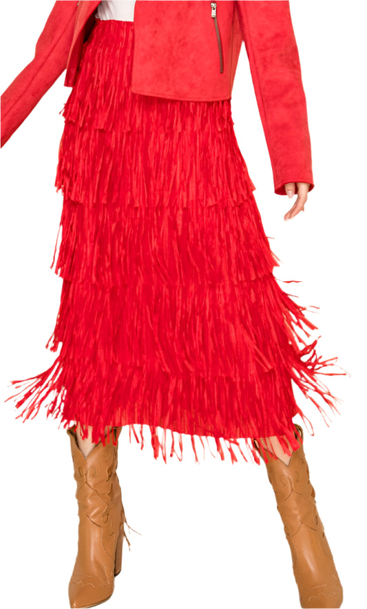 W.A.Y. POLY FRINGE CHACHA SKIRT in RED