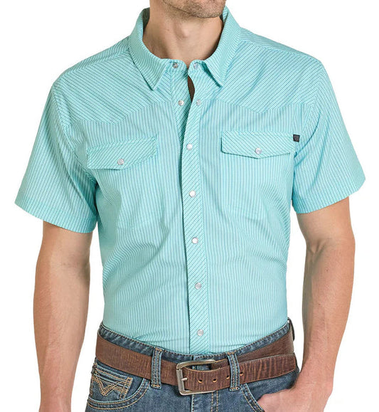 ROCK AND ROLL MEN'S TEK CORE WESTERN SHIRT - TURQUOISE STRIPE