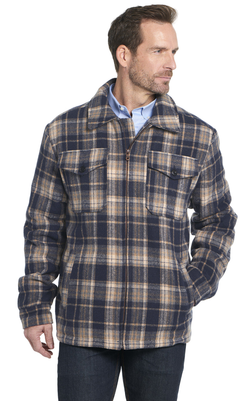 CRIPPLE CREEK ZIP FRONT PLAID SHIRT JACKET W/ SHERPA LINING - LIBERTY BLUE