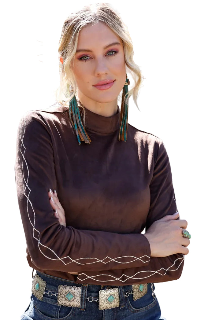 CRUEL LADIES' BROWN FAUX SUEDE BOOT STITCH SLEEVE TOP