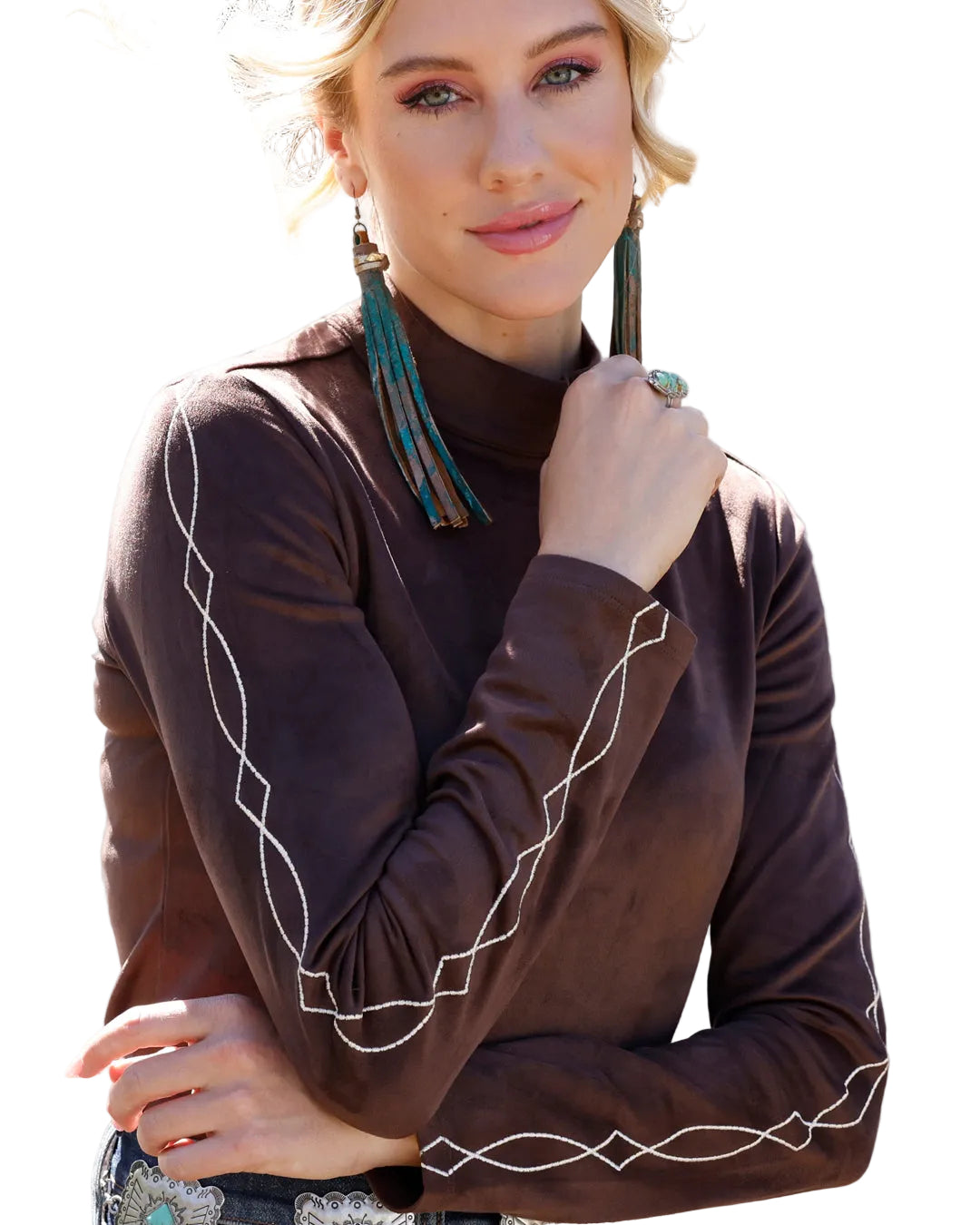 CRUEL LADIES' BROWN FAUX SUEDE BOOT STITCH SLEEVE TOP