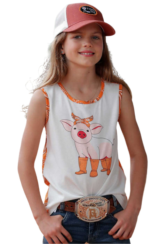 CRUEL GIRLS BANDANA PRINT PIG GRAPHIC TANK - ORANGE