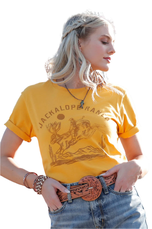 CRUEL DENIM WOMEN'S JACKALOPE RANCH YELLOW T-SHIRT