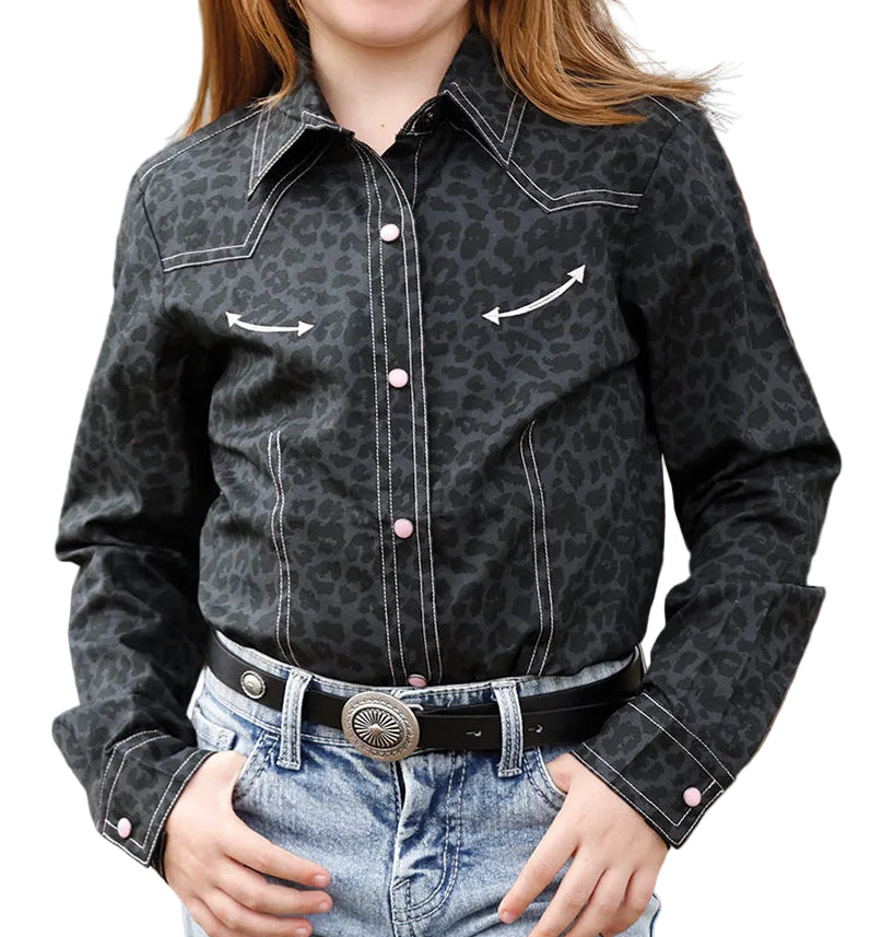 CRUEL GIRL GIRL'S BLACK LEOPARD PRINT WESTERN SNAP SHIRT