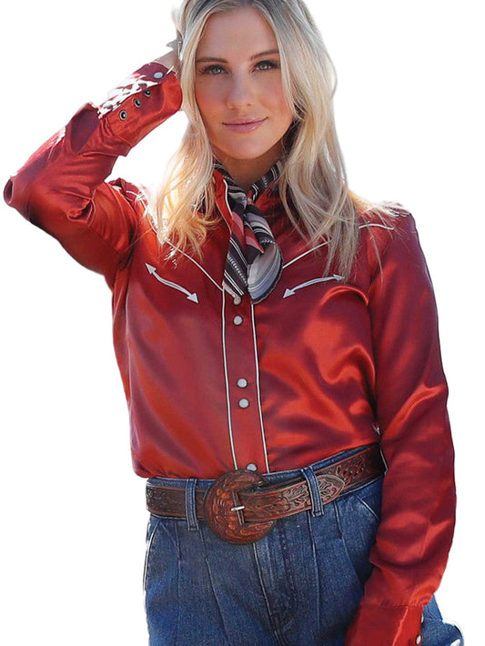 WOMEN'S CRUEL GIRL LONG SLEEVE SOLID RED WESTERN SHIRT