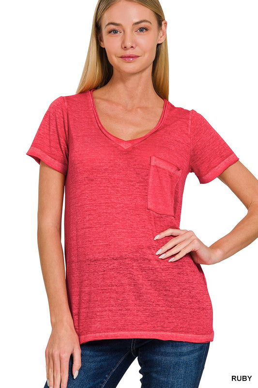 WASHED MELANGE BURNOUT SCOOP V-NECK TOP in RUBY