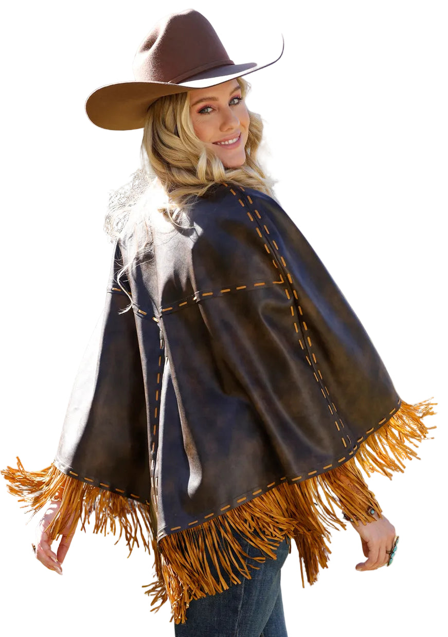 CRUEL WOMEN'S FAUX LEATHER CAPE W/FRINGE