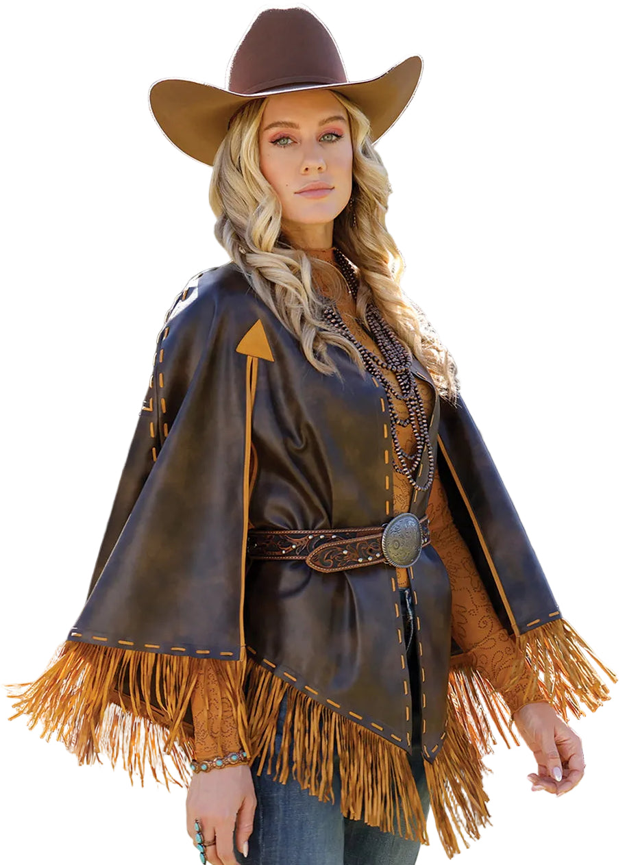CRUEL WOMEN'S FAUX LEATHER CAPE W/FRINGE