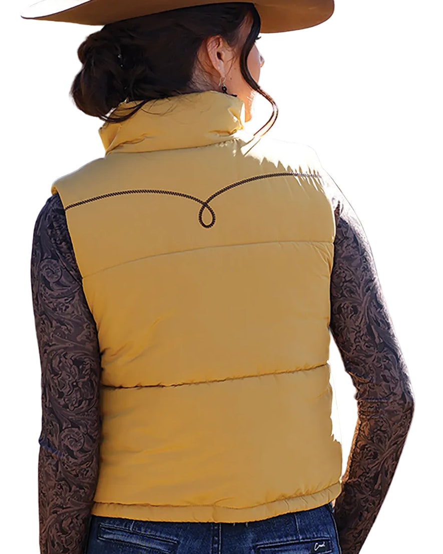 CRUEL WOMEN'S EMBROIDERED YOKE PUFFER VEST - GOLD