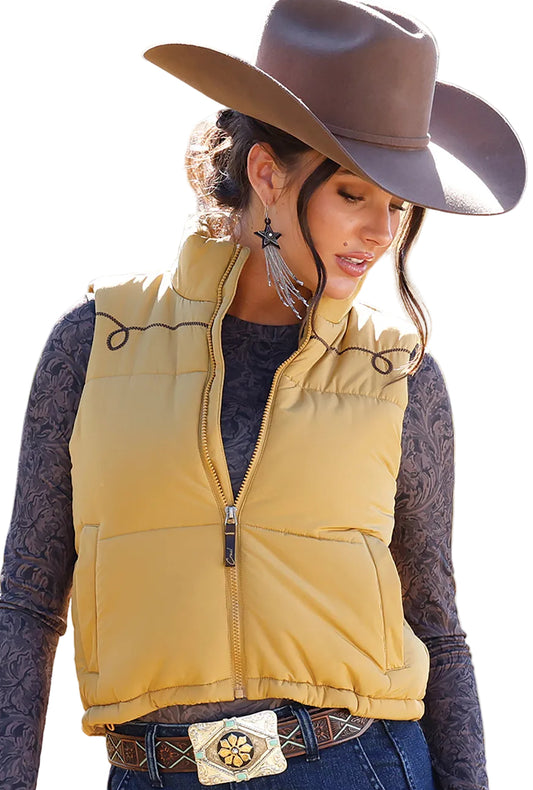CRUEL WOMEN'S EMBROIDERED YOKE PUFFER VEST - GOLD