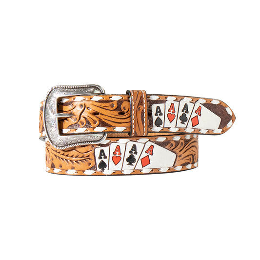 3D MENS BELT HAND PAINTED ACE CARDS - NATURAL