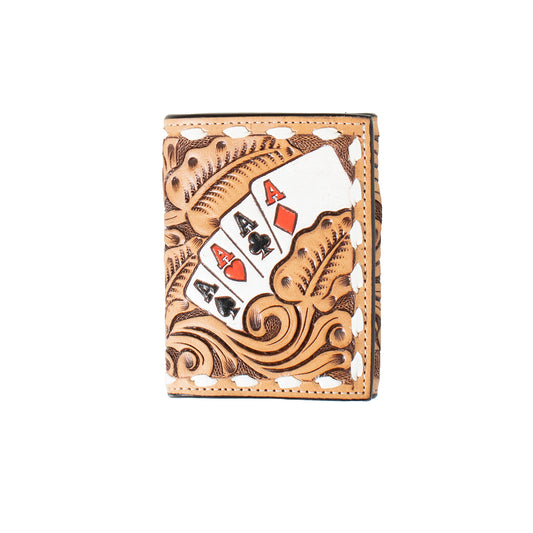 3D MENS TRIFOLD WALLET HAND PAINTED ACE CARDS NATURAL