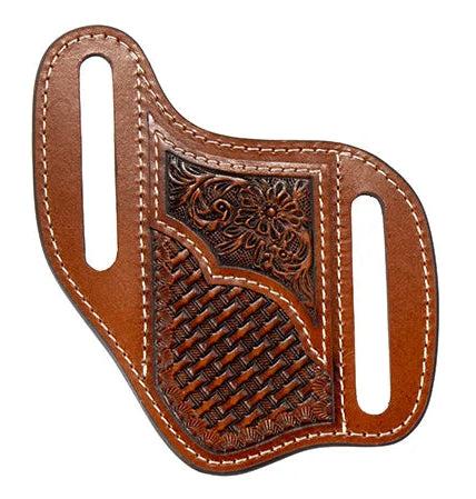 3D TAN FLORAL AND BASKET WEAVE LEATHER PANCAKE KNIFE SHEATH