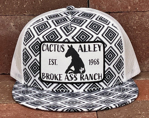 "BROKE ASS RANCH" DONKEY PATCH CAP in WHITE W/BLACK AZTEC SNAPBACK