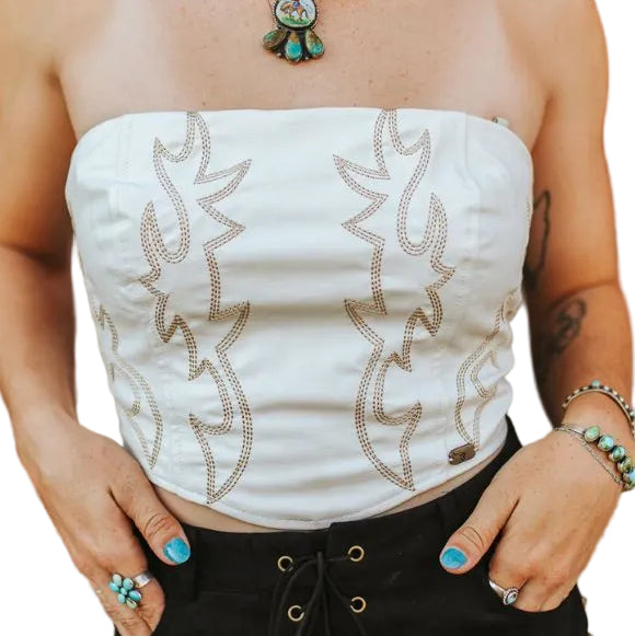LADIES VEGAN LEATHER BOOT STITCH CORSET in IVORY