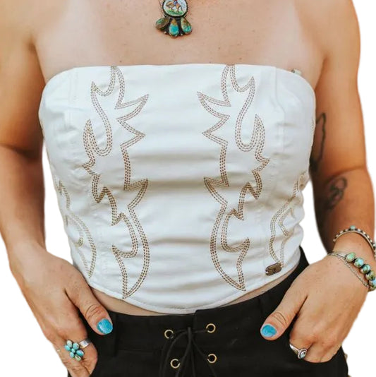 LADIES VEGAN LEATHER BOOT STITCH CORSET in IVORY