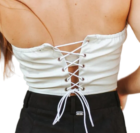 LADIES VEGAN LEATHER BOOT STITCH CORSET in IVORY