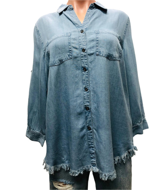 LADIES FRAYED BOTTOM TENCIL BUTTON UP SHIRT - BLUE