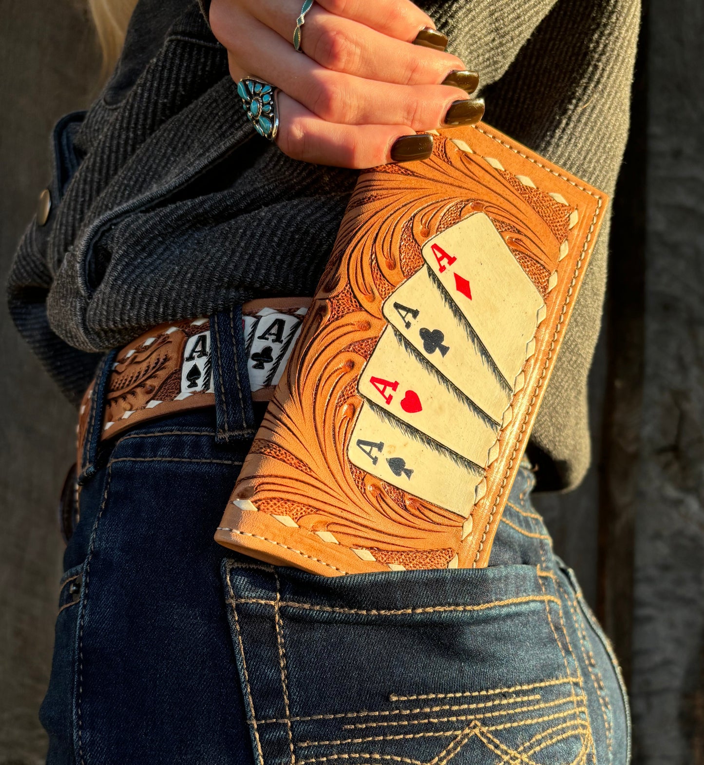 WESTERN TOOLED POKER ACES LEATHER RODEO WALLET