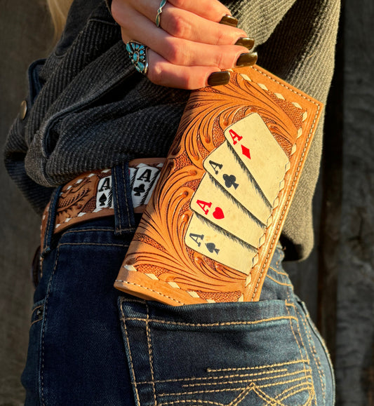 WESTERN TOOLED POKER ACES LEATHER RODEO WALLET
