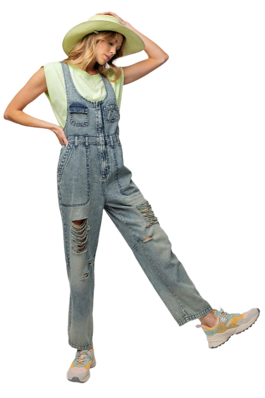 WASHED DENIM OVERALLS/JUMPSUIT