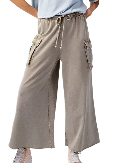 LADIES MINERAL WASHED TERRY KNIT CARGO PANTS - OLIVE GREY