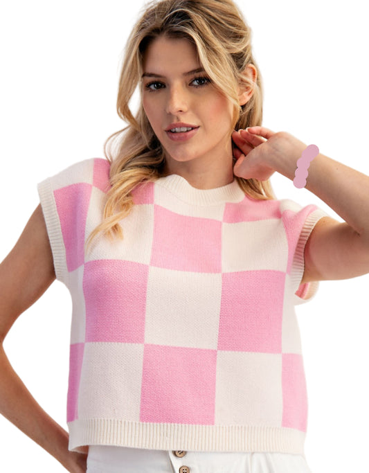 COLOR BLOCK SLEEVELESS SWEATER TOP in BUBBLE PINK