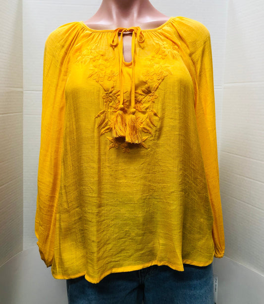 LADIES EMBROIDERIED PEASANT TOP - AMBER YELLOW
