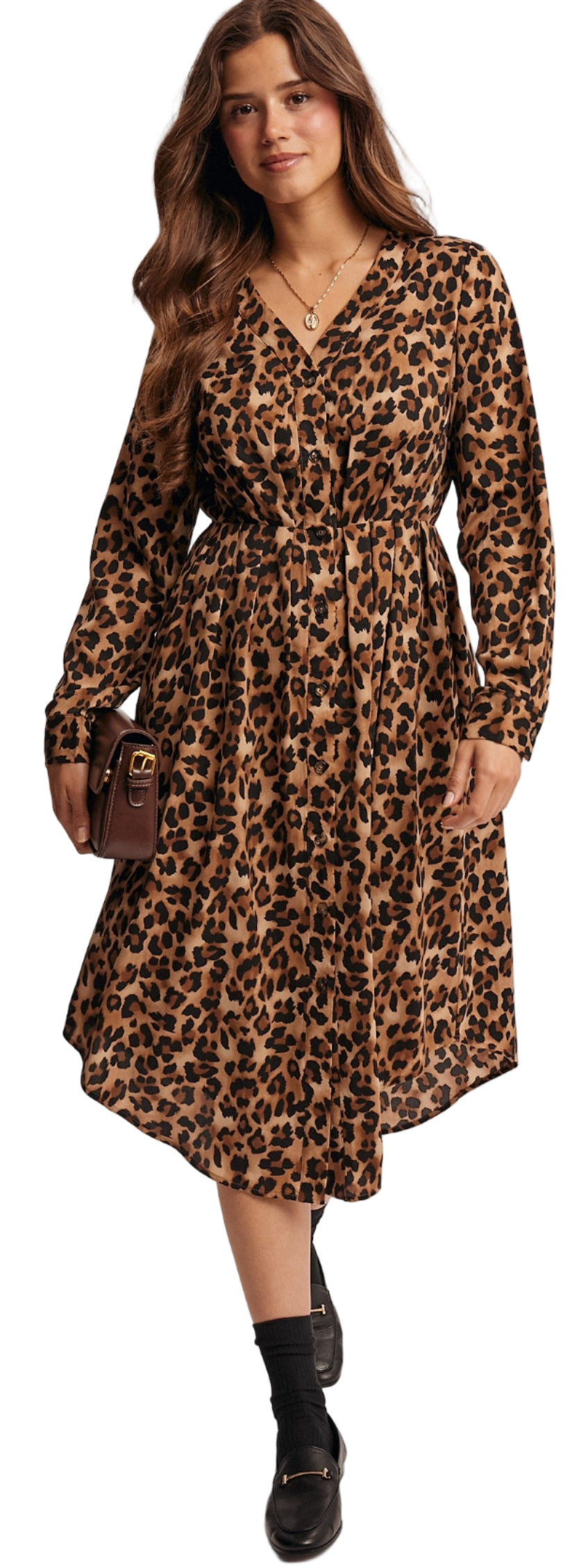 LEOPARD BUTTON FRONT MIDI DRESS