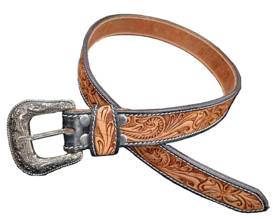 WESTERN 1 1/2" FLORAL TOOLED LEATHER BELT - TAN/BLACK