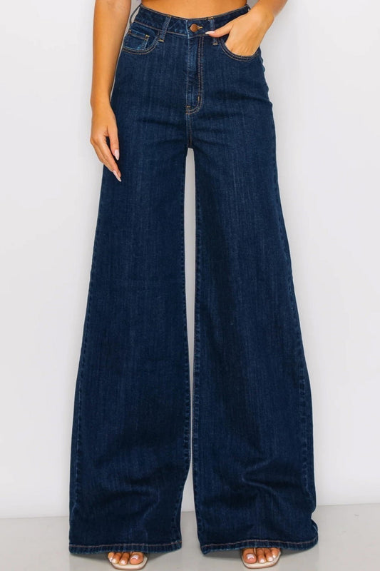 HIGH RISE DARK WASH WIDE LEG FLARE JEANS