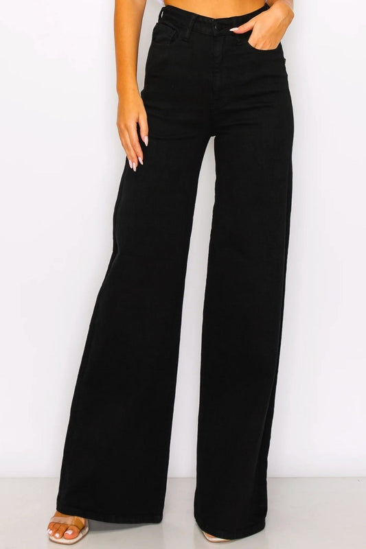 HIGH RISE BLACK WIDE LEG FLARE JEANS