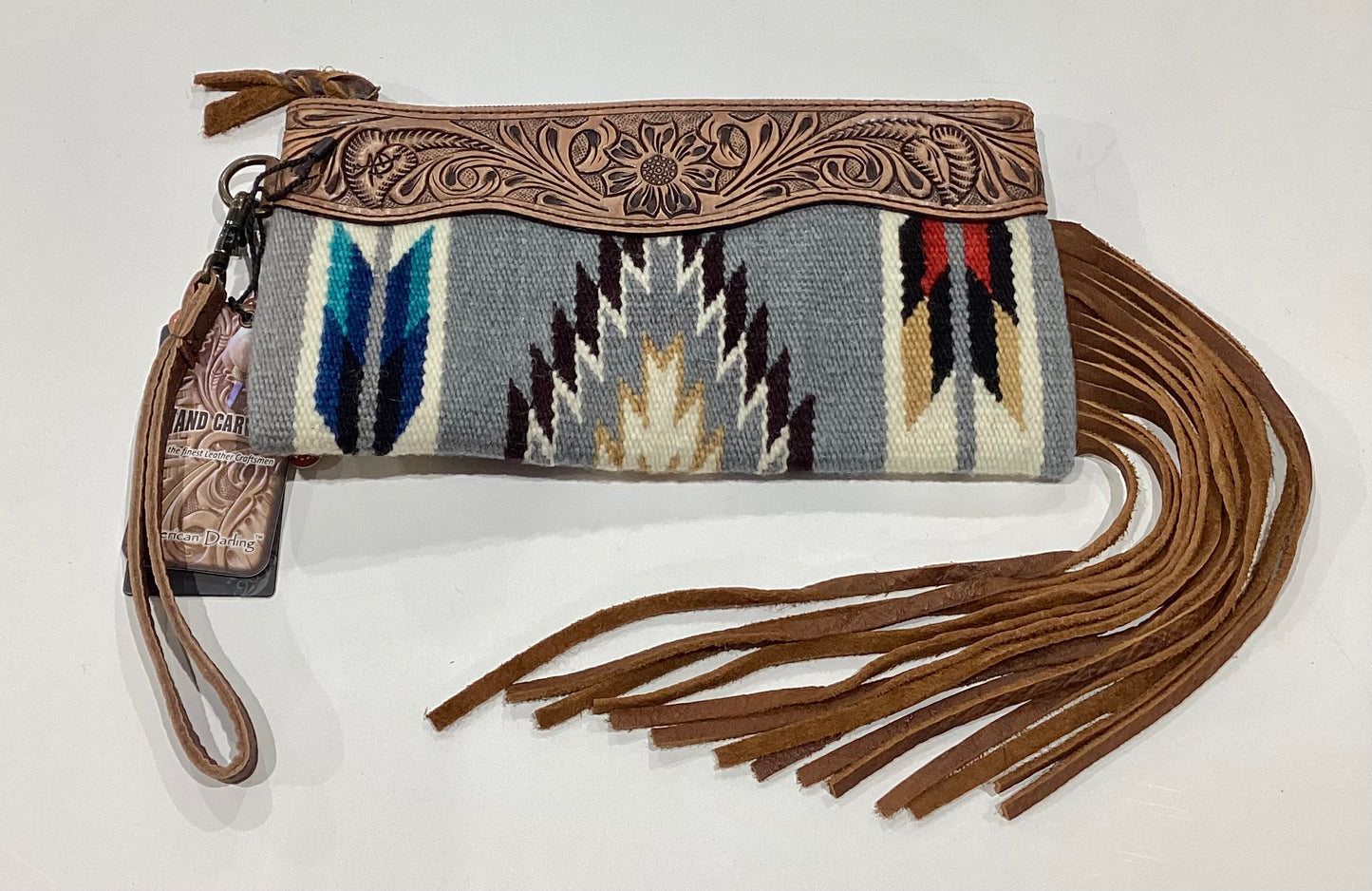 AMERICAN DARLING AZTEC & TOOLED LEATHER CLUTCH WITH FRINGE - GREY/ YELLOW