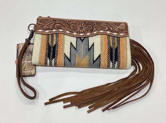AMERICAN DARLING AZTEC & TOOLED LEATHER CLUTCH WITH FRINGE - CREAM
